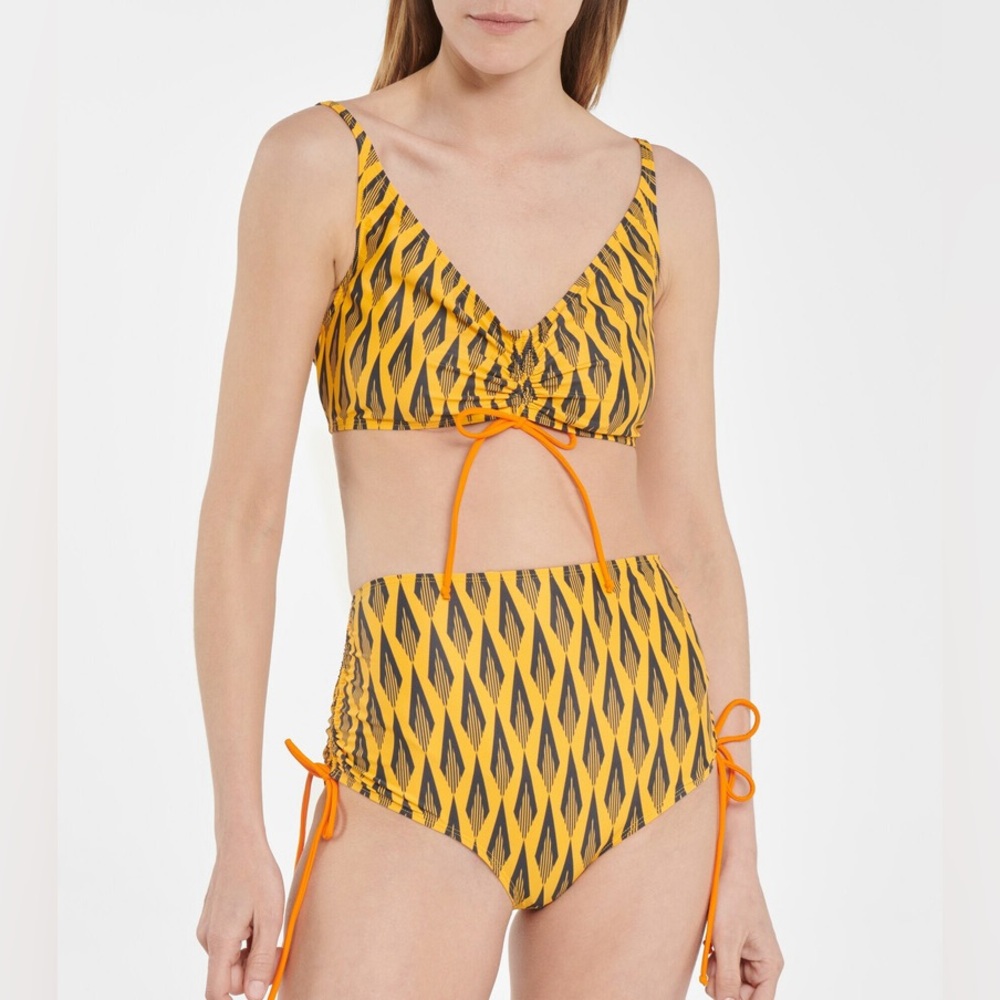 Paco Rabanne Yellow and Black Ciao Paco Patterned Ruched Bikini 2 piece Swimsuit